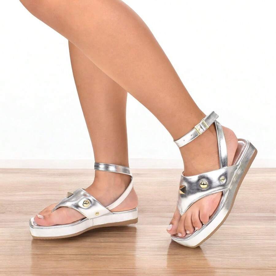 Women's Flat Clogs With Pendant Buckle - Bạc - Xem 1