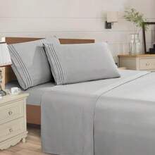 Mocassi 4 Piece 3 Line Embroidered Egyptian Quality Super Soft Wrinkle Resistant 1500 Series Sheet Set (Light Colors)