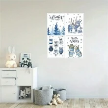4 件套冬季雪人和雪花墙壁艺术印刷品，无框蓝色装饰海报系列，节日主题客厅和卧室装饰无框印刷品 - 彩色 - 查看 3