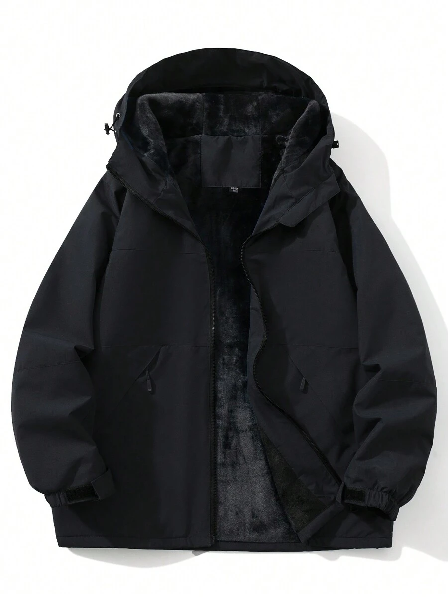 男士撞色拉链前开抽绳连帽加厚外套 - 黑色 - 查看 1