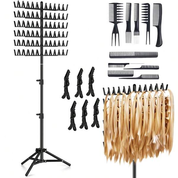 Conjunto de 16 peças de suporte para tranças de perucas, suporte vertical para tranças de cabelo, suporte de armazenamento com altura ajustável, conjunto de ferramentas para tranças de cabelo, suporte separador para tranças de cabelo, fácil de transportar, adequado para salão de beleza, casa, hotel, viagem, preto, ferramentas para cabelo, produtos e acessórios para salão de beleza de barbearia, itens essenciais para viagem