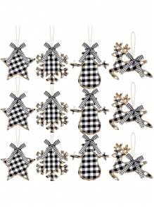 1pc Christmas Burlap Tree Ornaments Hanging Decorations Buffalo Check Plaid Stitching Hanging Ornament Deer Snowman Snowflake Star Shaped Hanging Decor For Holiday Party Decorations,Christmas