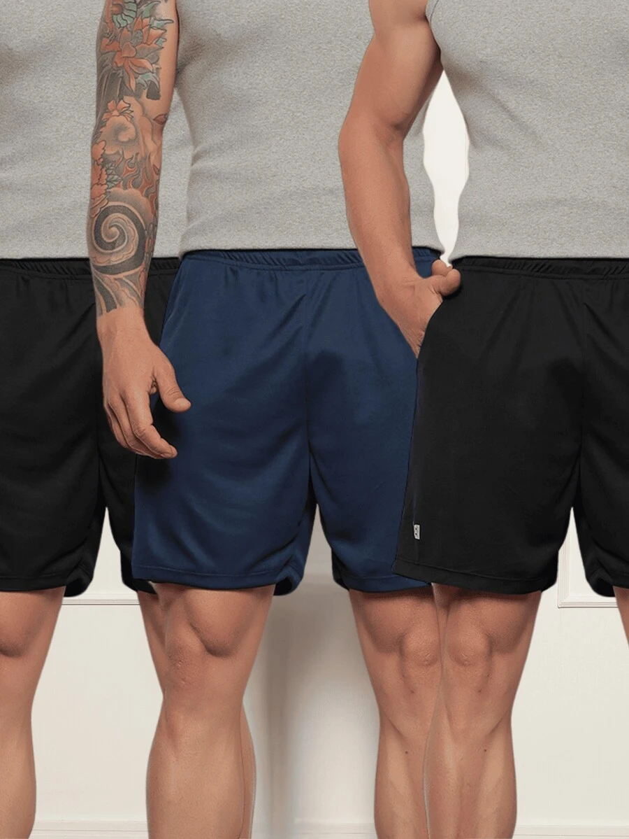 Kit 3 Shorts Bermuda Double Short 2x1 Compression Hidden Pocket Gym Training Dry Fit Cycling Running Thermal - 藏蓝色 - 查看 1