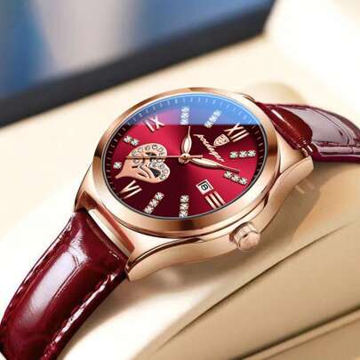  玫瑰金女士手表礼物真品品牌 POEDAGAR（原装）316 不锈钢水晶钻石心形爱心红色浪漫指针夜光日本进口石英表 50 米防水日历生日礼物节日妻子朋友爱人商务伙伴考试返校必备品