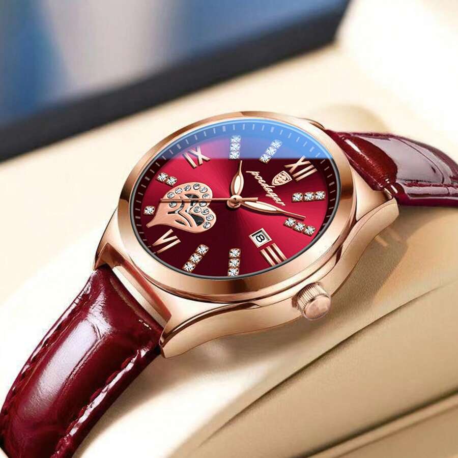 玫瑰金女士腕表礼品，正品品牌 POEDAGAR（原装），316 不锈钢表壳，水晶玻璃表镜，镶钻心形表盘，红色浪漫指针，夜光显示，日本石英机芯，50 米防水，日历功能，生日礼物，节日礼物，送给妻子、朋友、爱人、商业伙伴的礼物，考试或开学必备