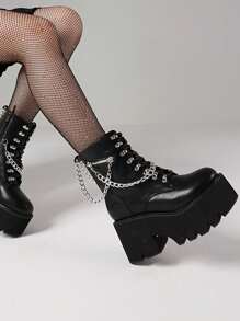Goth Women's Boots Combat Motorcycle Chain Platform Chunky Heel Shoes Punk Luxury Nightclub Winter Boots Halloween Christmas Shoes - 黑色 - 查看 4