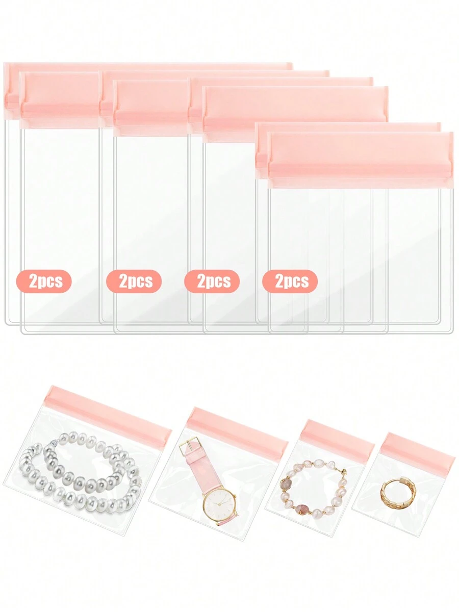 Linkstyle 8pcs Clear EVA Jewelry Storage Bags, Anti Tarnish Jewelry Bags, Mini Small Bags For Jewelry Ring Earring Chain Bracelet (4 Sizes) - Pink - View 1