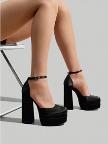 Women Platform High Chunky Block Heels Pumps Square Closed Toe Ankle Strap Solid Color Wedding Party Prom Festival Shoes - SATIN ĐEN - Xem 3