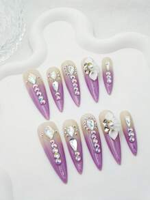 10 件/包渐变色长尖指甲尖头带满钻花朵形不对称优质手工假指甲套装，迷人欧式风格 - 彩色 - 查看 1