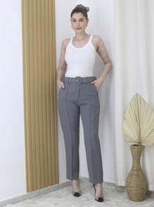 Women's Tailored Formal Pants In Polyester Elastane With Belt - Maxma 6622 - Grey - View 1