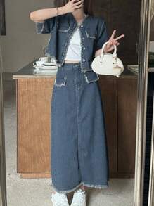 素色磨損邊短款牛仔夾克&翻蓋細節半身裙 - 中等水洗藍 - 查看 1