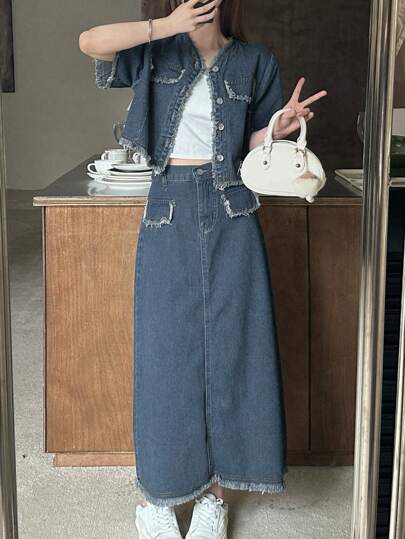 素色磨損邊短款牛仔夾克&翻蓋細節半身裙