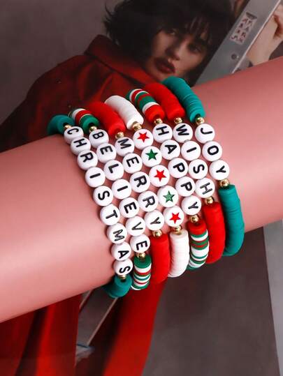 Set de pulseras de cuentas de arcilla blanda como regalo de Navidad para niños, joyas de cuentas de letras versátiles
