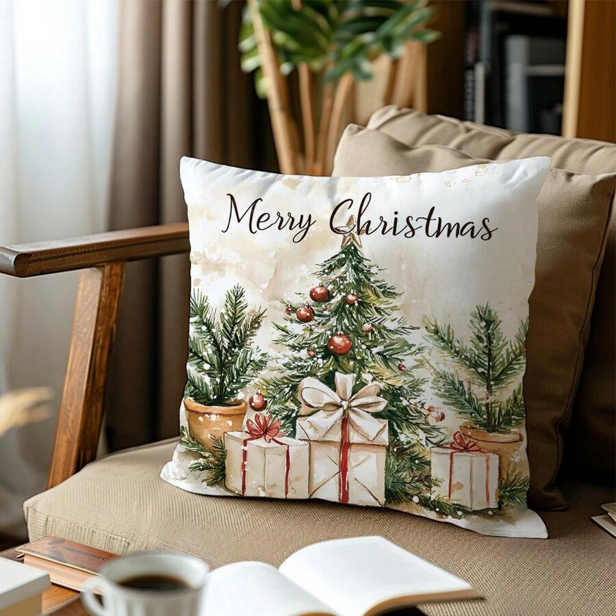 1pc Christmas Watercolor Plant Christmas Tree Pillow Cover, Single-Sided Printed Soft Peach Velvet Material, 45*45/50*50/40*40CM Cushion Cover For Modern Fabric Sofa Indoor Decor, Party Decoration, Gift - Multicolor - View 1