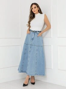 WL Fashion Women's Long Denim Skirt With Belt Slightly Folded Thick Fabric - Rửa trung bình - Xem 5