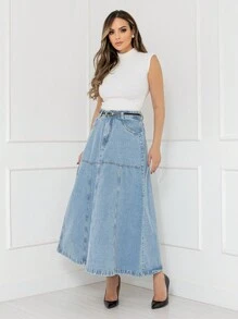 WL Fashion Women's Long Denim Skirt With Belt Slightly Folded Thick Fabric - Rửa trung bình - Xem 6