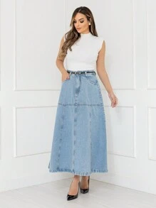 WL Fashion Women's Long Denim Skirt With Belt Slightly Folded Thick Fabric - Rửa trung bình - Xem 7