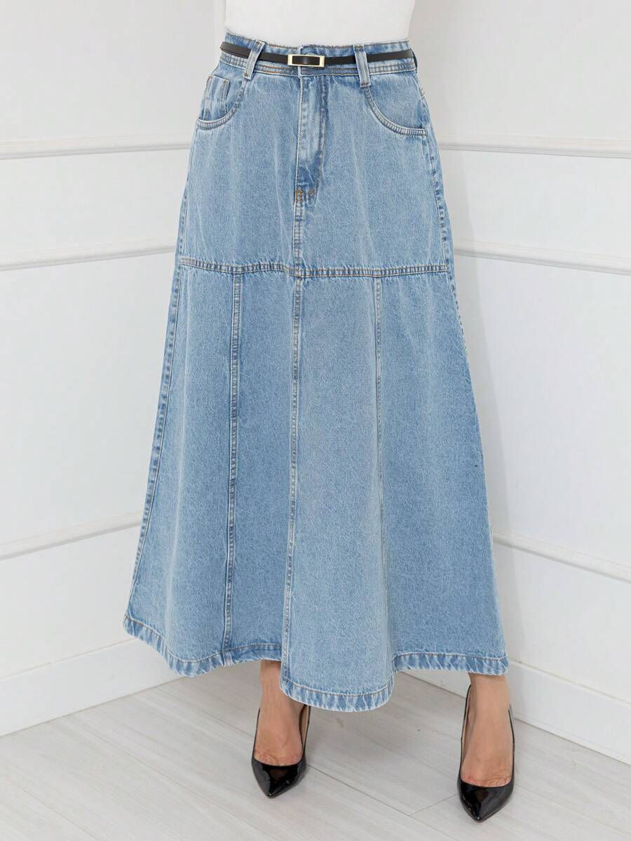 WL Fashion Women's Long Denim Skirt With Belt Slightly Folded Thick Fabric - Rửa trung bình - Xem 1