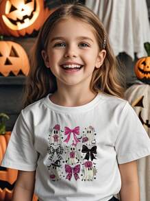 Kleine Mädchen Lässiges T-Shirt mit Rundhalsausschnitt und rosa Schleife für Halloween