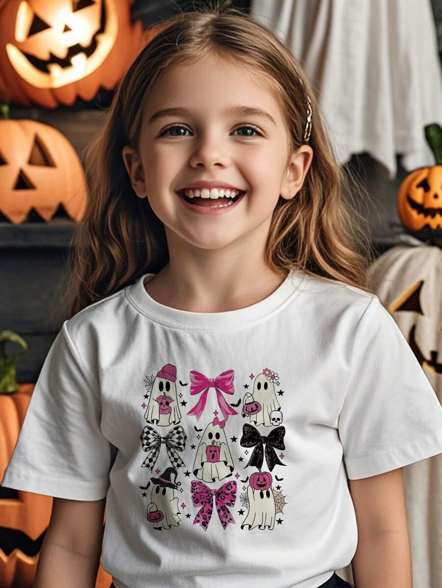 Kleine Mädchen Lässiges T-Shirt mit Rundhalsausschnitt und rosa Schleife für Halloween