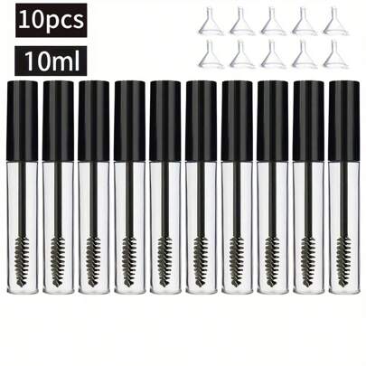 1/10pcs + 10pcs Accessories: 10pcs 10ml Empty Mascara Tubes With Eyelash Wands, Including 10pcs Mascara Containers, 10pcs Funnels, Portable Refillable DIY Mascara Brush Containers, Suitable For Home And Travel