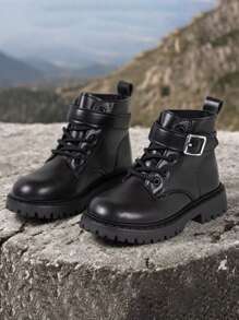 1 Pair Kids Hook And Loop Closure Round Toe Mid-Calf Platform Boots, Suitable For 4-15 Years Old, Fashionable And Comfortable For Outdoor, Casual, Festivals And All Seasons