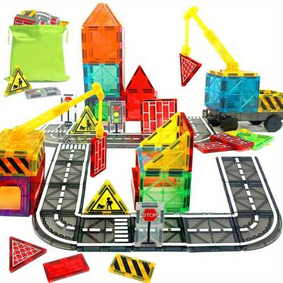 Magnetic STEM Building Set With Crane & Car - Educational Construction Toys For Youngsters Ages 3-6, Creative Birthday Gift, Random Colors,Childen Toy Stoler,Hotwheels Toys,Construção Iman