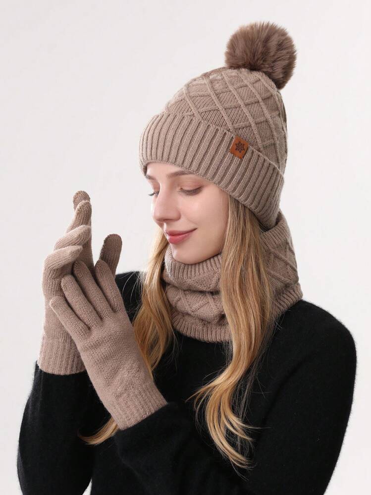1-3 peças/Conjunto Gorro de Tricô de Inverno para Mulheres, Aquecedor de Pescoço e Luvas Touch Screen, Forro Térmico de Dupla Camada, Tecido Jacquard Estampado com Pompom, Textura de Floco de Neve, Adequado para Esqui, Viagem, Direção, Encontros, Presente para Mulheres, Acessórios de Inverno para Uso Diário, Roupas de Inverno, Presente de Dia dos Namorados - Multicolorido - Visão 14