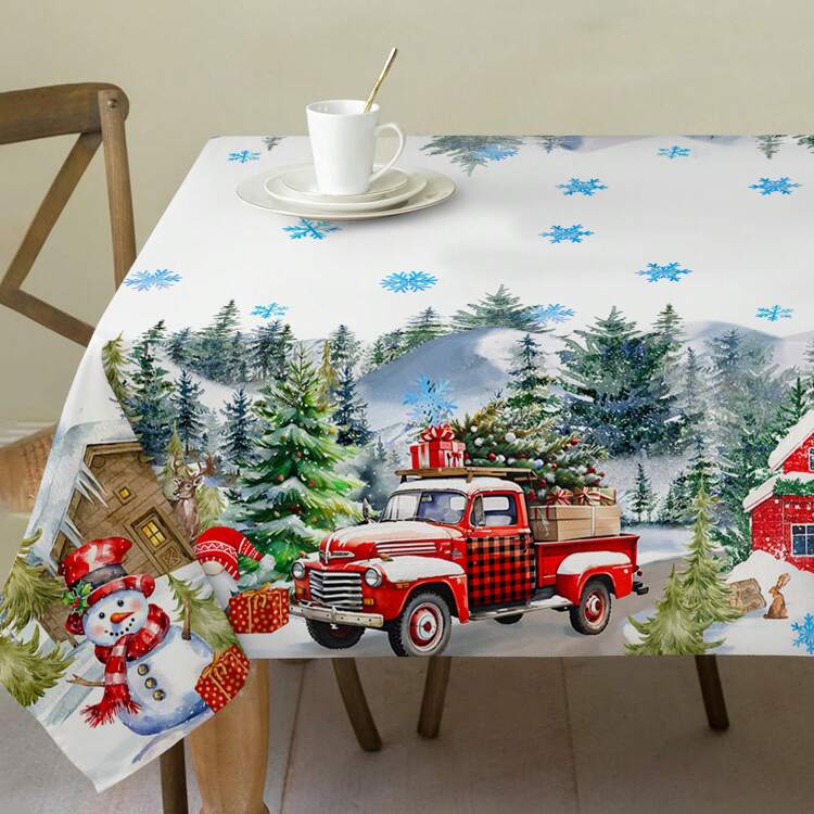 1 pieza Mantel con temática navideña, material de poliéster con estampado de escena nevada, adecuado para la decoración de fiestas navideñas, vajilla de interior - múltiples colores - Añade 13