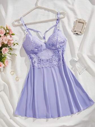 1pc Lace See-Through Sexy Casual Dress, V-Neck Nightgown For Women, Rave For Going Out