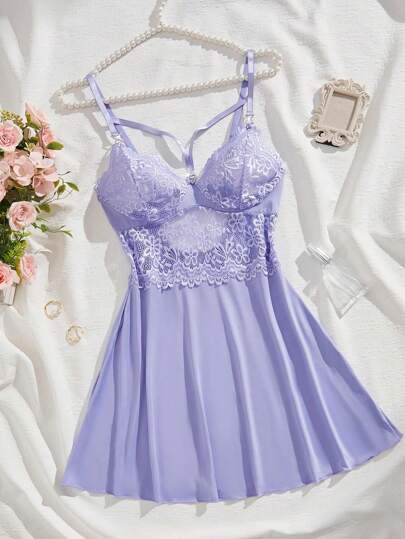 1 件套蕾丝透视性感休闲连衣裙，女士 V 领睡袍，外出穿着