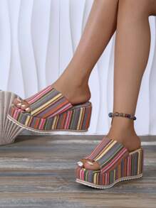 2025 Latest Fashion Women Shoes, Colorful Striped Round Toe Platform Wedge Sandals, High Thick Bottom Slip-On, Elegant Personal Party Date Height Increasing Versatile Comfortable Flat Sandals - Color - View 4