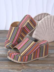 2025 Latest Fashion Women Shoes, Colorful Striped Round Toe Platform Wedge Sandals, High Thick Bottom Slip-On, Elegant Personal Party Date Height Increasing Versatile Comfortable Flat Sandals - Color - View 8
