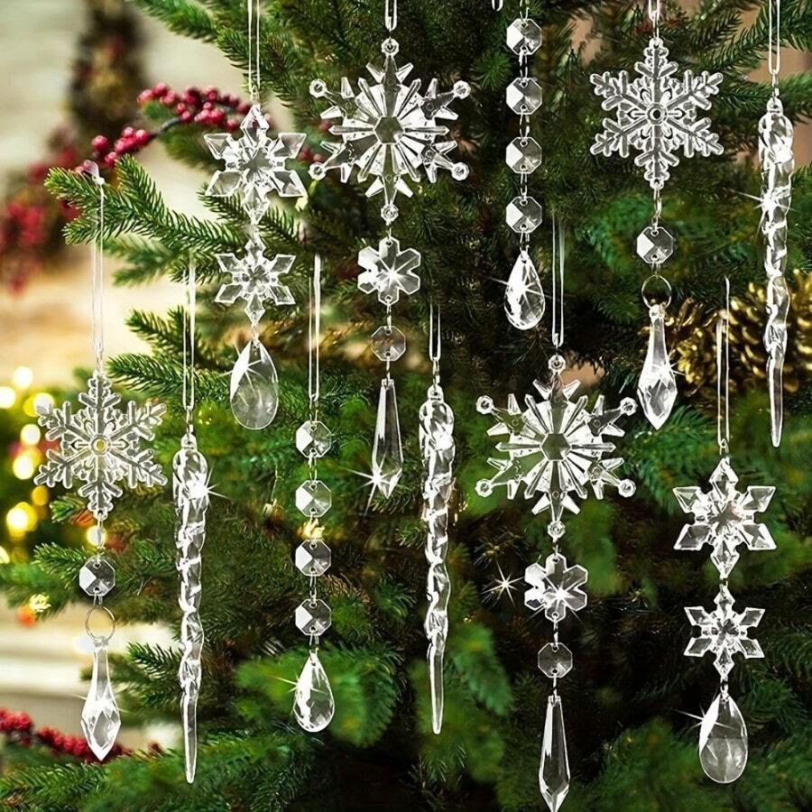 10pcs Acrylic Crystal Christmas Ornaments Set - Shiny Snowflake & Icicle Decorations For Tree, Chandelier & More - Perfect For Holiday Parties & Winter Wonderland