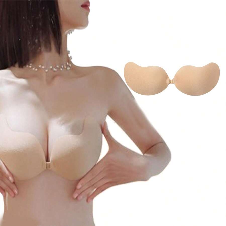 1對女士無肩帶矽膠粘合內衣推拉式自粘乳貼防走光透氣隱形胸罩,適用於婚紗、無肩帶服裝或晚禮服 - 杏色 - 查看 1