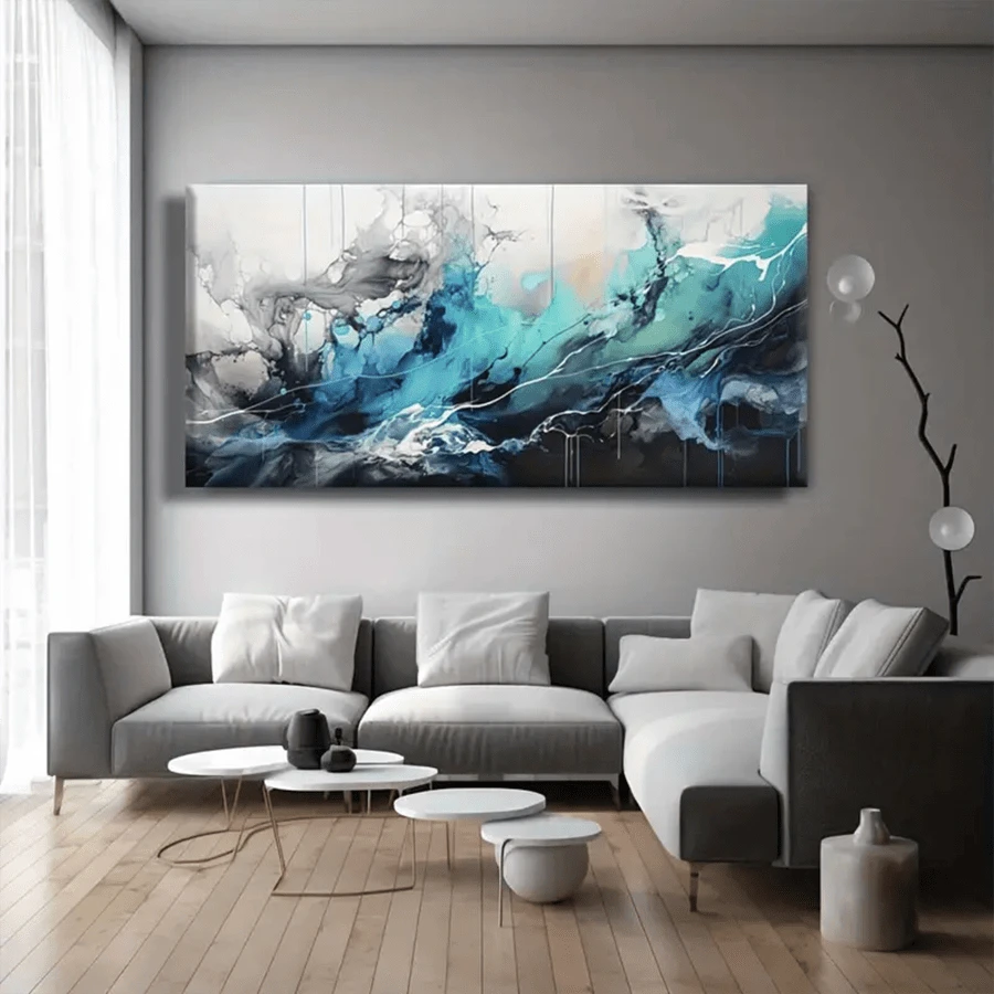 1pc Wooden Framed Wall Art Abstract Canvas Painting Teal Blue Modern Artwork For Living Room Bedroom Dining Room Home Office Decor Ready To Hang Wooden Frame - Thickness 1.5inch - 彩色 - 查看 1