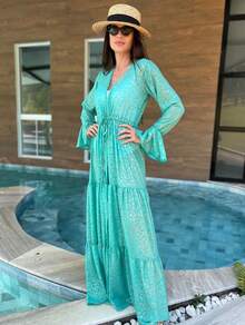 PREMIUM ELEGANT LONG BEACH COVER-UP WITH LEOPARD RUFFLE ZRA - Màu xanh lam - Xem 3