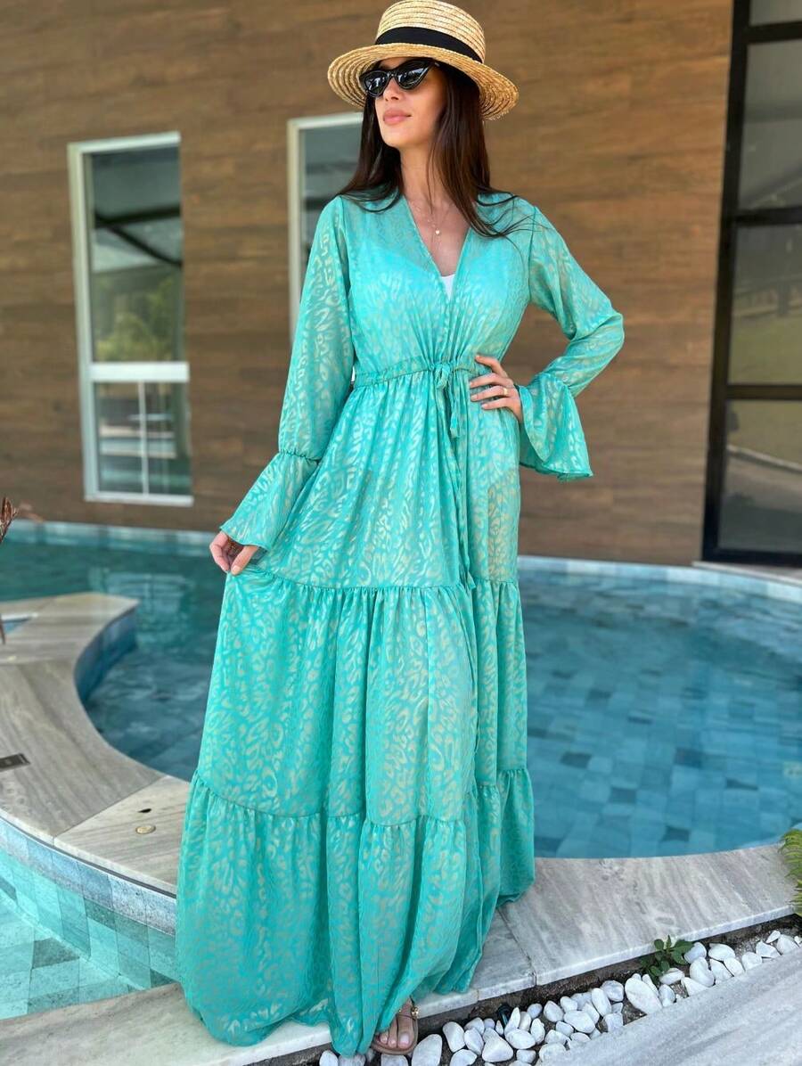 PREMIUM ELEGANT LONG BEACH COVER-UP WITH LEOPARD RUFFLE ZRA - Màu xanh lam - Xem 1