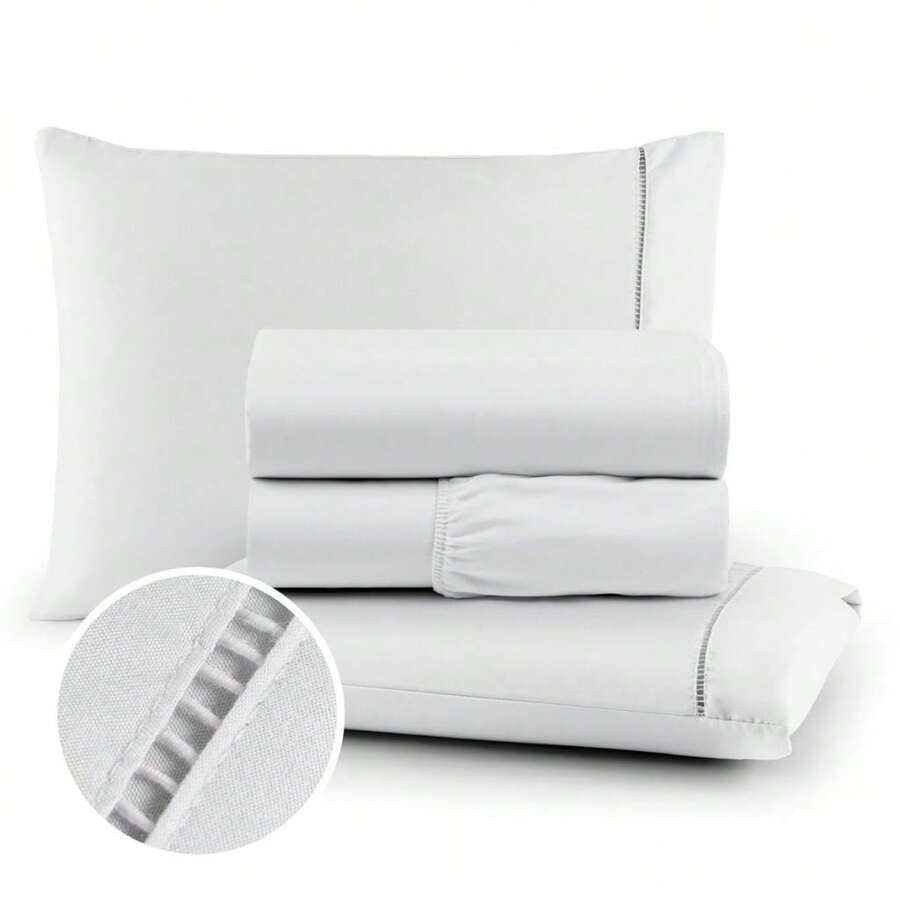 3-Piece Double Bed Sheet Set, Percale Stitch, 400 Thread Count, Soft Cotton - trắng - Xem 1