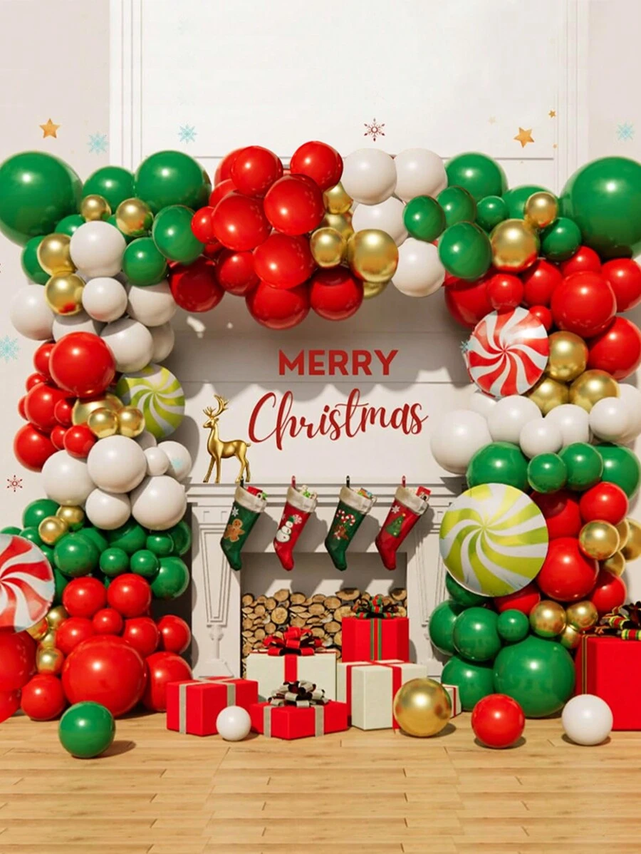 Set de 133 piezas que incluye globos metálicos mates rojos, verdes, blancos y dorados en forma de arco para decorar la Navidad - decoración de globos decorativos de látex, fondo para fiesta de Navidad, decoración navideña para el hogar, Halloween y decoración de Halloween - Multicolor - Ver 1