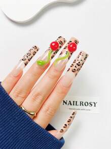 10pcs Handmade Press On Gift Box Included Y2K Leopard Print Cherry 3D Extra Long Square Nails Bold Baddie Style Reusable Luxury False Nails Party Vacation Nailrosy - Cà phê nâu - Xem 4