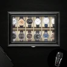Watch Box With 12 Slots PU Leather Watch Display Case Watch Storage Box With Glass Lid Removable Watch Pillows Velvet Lining Lockable Metal Clasp For Men And Women - 黑色 - 查看 8