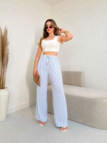 AMY FASHION STRIPED PANTALON PANTS WITH ELASTIC BAND WITH POCKET FASHION 2024 - 淺藍色 - 查看 5
