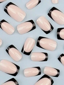 24入組法式黑色短方形贴片指甲，增強女性和女孩子的外觀，美甲用品 - 黑色 - 查看 3