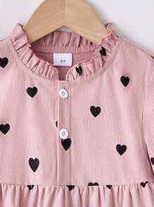 1pc Young Girl Casual Comfortable Pink Heart Pattern Crew Neck Long Sleeve Dress, Autumn/Winter