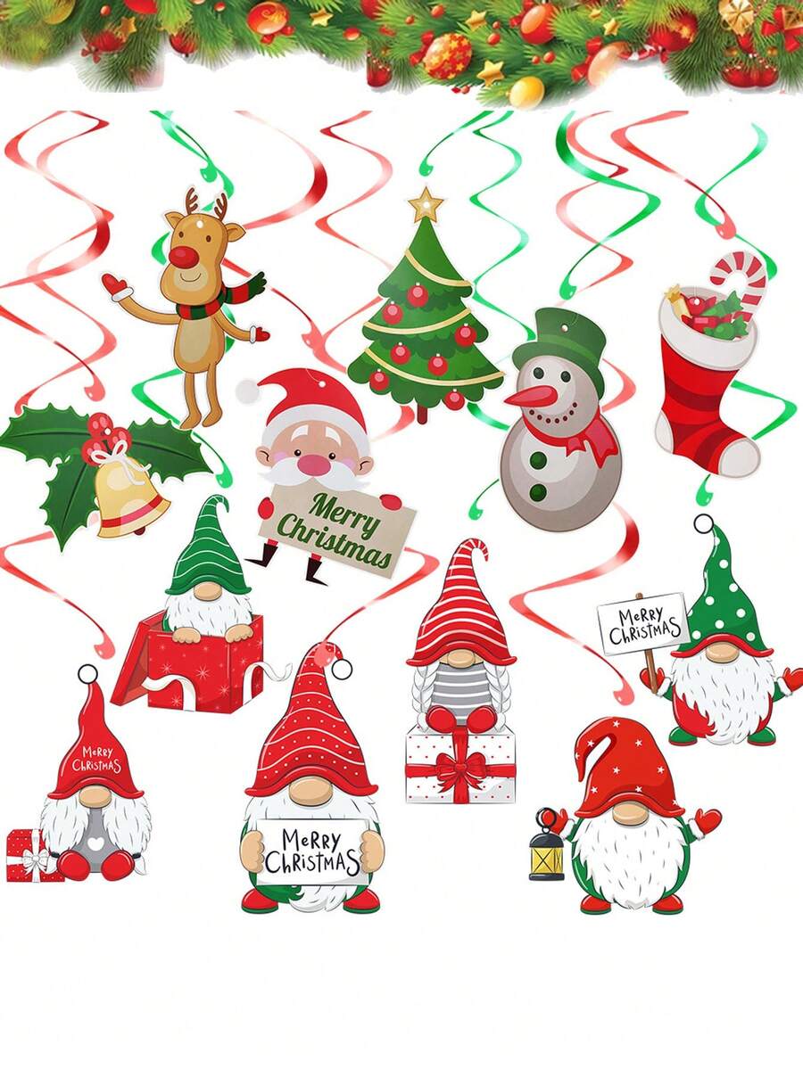 12 piezas, Decoraciones colgantes de remolinos navideños, adornos navideños colgantes de muñeco de nieve para decoración de interiores y exteriores, suministros para fiestas navideñas - Multicolor - Ver 1