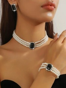 4 件套奢华时尚水晶镶嵌多层仿珍珠项链和手链、宝石耳环、优雅女士新娘首饰套装 - 彩色 - 查看 8
