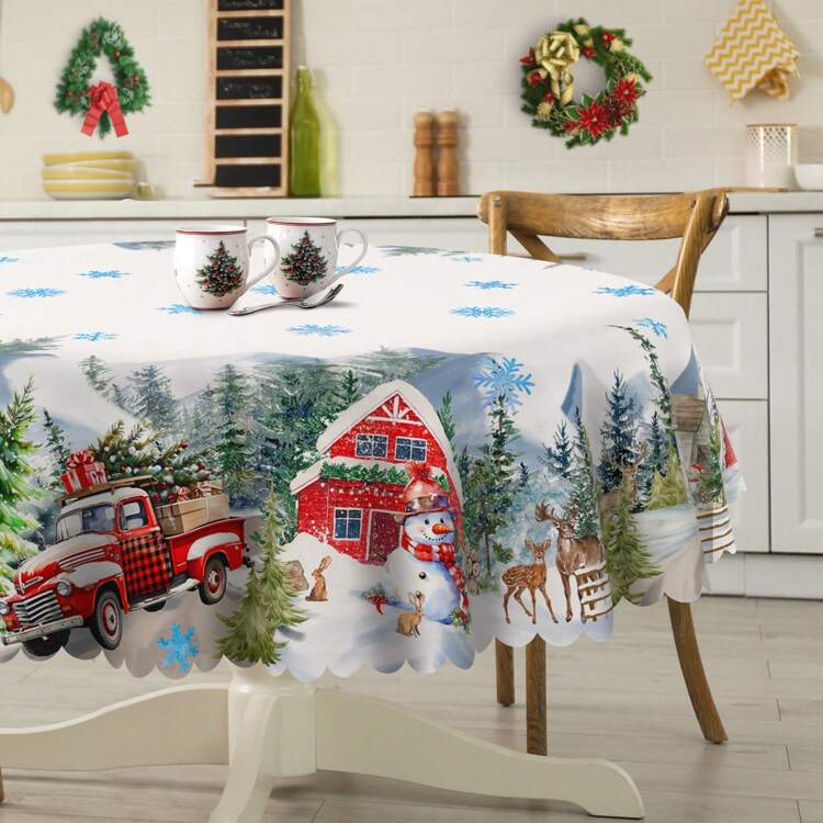1 pieza Mantel con temática navideña, material de poliéster con estampado de escena nevada, adecuado para la decoración de fiestas navideñas, vajilla de interior - múltiples colores - Añade 17