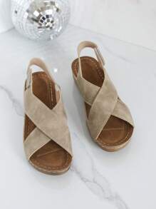 Damen Vintage Farbverlauf modische Klettverschluss Kreuz-Sandalen mit Keilabsatz, bequeme und atmungsaktive Plateau High Heel Schuhe - Khaki - Übersicht 5