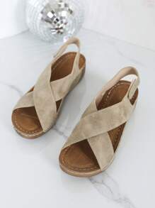 Damen Vintage Farbverlauf modische Klettverschluss Kreuz-Sandalen mit Keilabsatz, bequeme und atmungsaktive Plateau High Heel Schuhe - Khaki - Übersicht 6